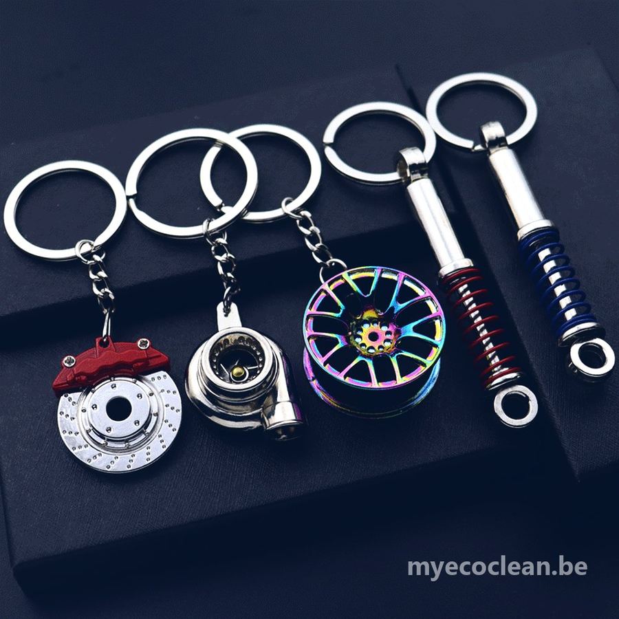 Porte-clés pièces auto en métal : disque de frein, turbo, jante iridée, amortisseur rouge et amortisseur bleu